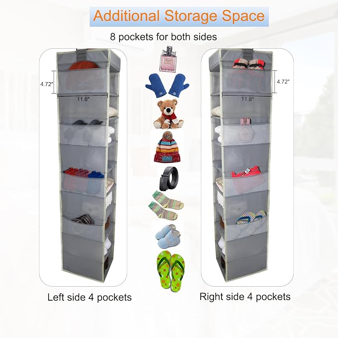 2 Pack Large-Sized Hanging Shoe Organizer 10-Shelf, Sturdy Hanging Closet Organizer with 8 Side Pockets, Wider Hanging Shelves for Storage Shoes Clothes Jeans Shirts Toys, Grey.