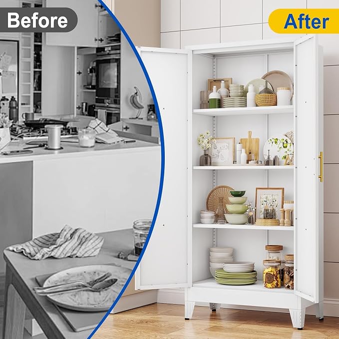 61" Metal Storage Cabinet with 2 Doors and 3 Adjustable Shelves,White Farmhouse Kitchen Pantry Cabinet,Steel Garage Tool Cabinet,File Cabinetfor Home,Office,Dinning Living Room,Warehouse