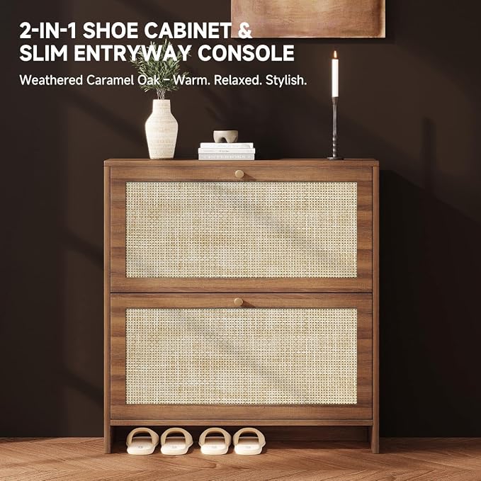 Nicetree Shoe Storage Cabinet for Entryway, Slim Shoe Rack with 2 Flip Drawers, Modern Boho Square Cane Engineered Wood Storage Cabinets, Narrow Shoe Organizer, Caramel