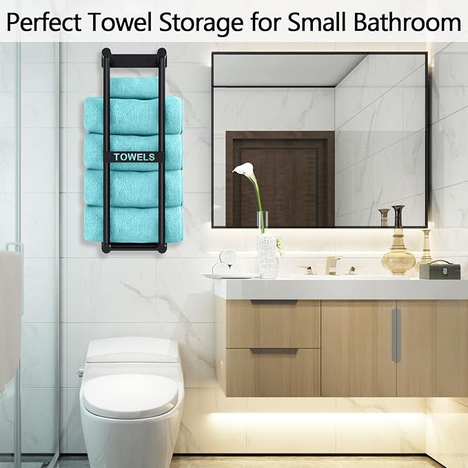 STWWO Bathroom Towel Rack Wall Mounted Can Holds 4 Large Towels, Black | Towel Storage for Small Bathroom, Wall Towel Rack for Rolled Towels Folded Bath Towels, 22inch