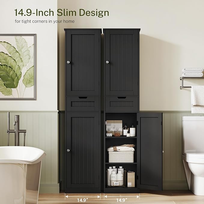 67" H Tall Storage Cabinet with 2 Doors and 1 Drawer, Narrow Black Cabinet with Adjustable Shelves, for Bathroom, Living Room, Entryway, Kitchen, Black