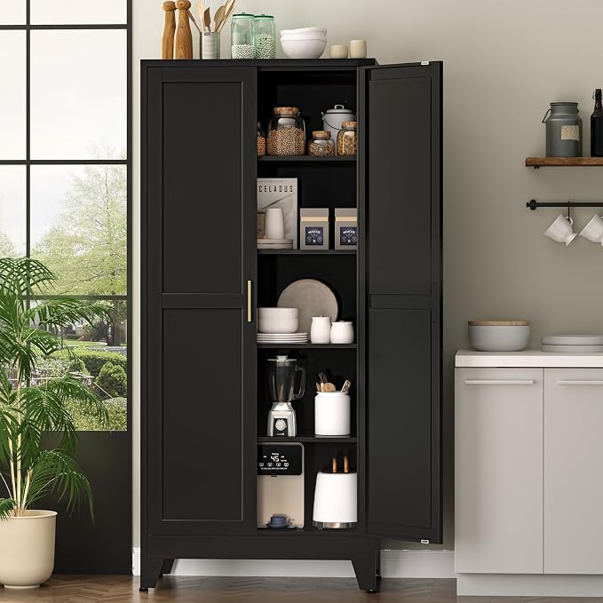 Bevivog Metal Kitchen Pantry Cupboard Cabinet, 71" Black Utility Storage Cabinets with 2 Doors and 4 Adjustable Shelves for Kitchen/Home Office/Dining Room/Living Room