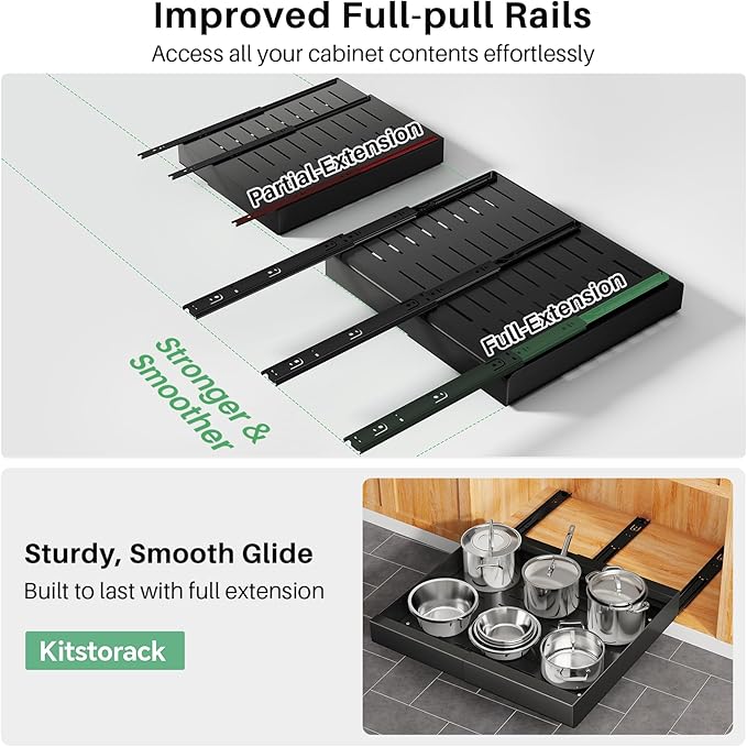 Pull out Cabinet Organizer, Expandable(12"-20") Heavy Duty Slide out Drawer Fixed with Adhesive Nano Film for Pots, Roll out Shelf Storage for Kitchen Base Cabinet Organization, Pantry, Bathroom