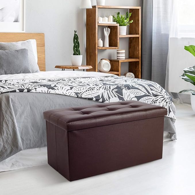 COSYLAND Ottoman Bench with Storage large-30x15x15in Folding Leather Ottoman, Rectangle Foot Stool Foldable Storage Chest Footrest Footstool Collapsible with Lid for Bedroom Living Room Brown