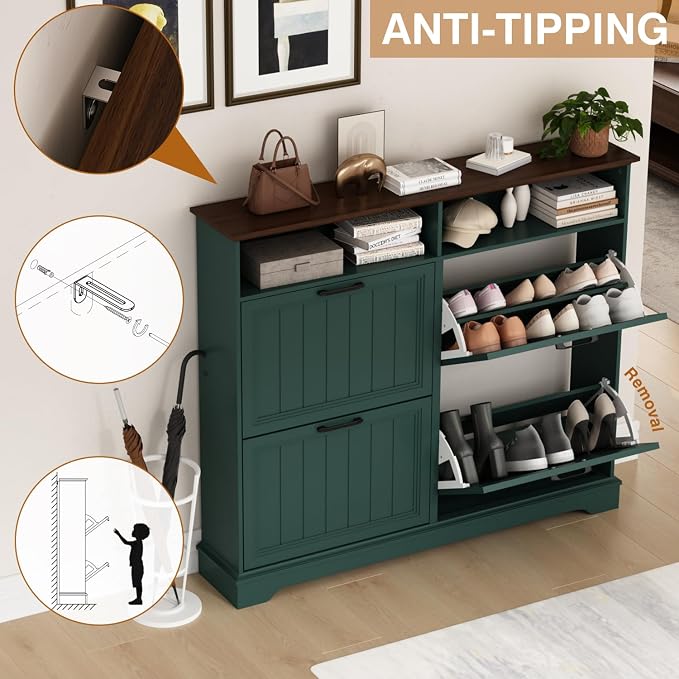 Hidden Shoe Storage Cabinet with 4 Flip Drawers & Open Storage | Farmhouse Modern Shoes Rack Cabinet,Adjustable Shelves ,Narrow Slim Shoe Organizer for Front Door Entrance, Entryway, Green