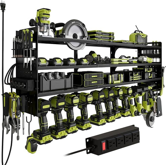 Power Tool Organizer Wall Mount, 12-Drill 4-Tier Charging Station, Black | Heavy-duty 4-Tier Metal Rack Stores 12 Drills; Side Pegboards and Screwdriver Slots Add Storage, Plus a 4-Outlet Power Strip