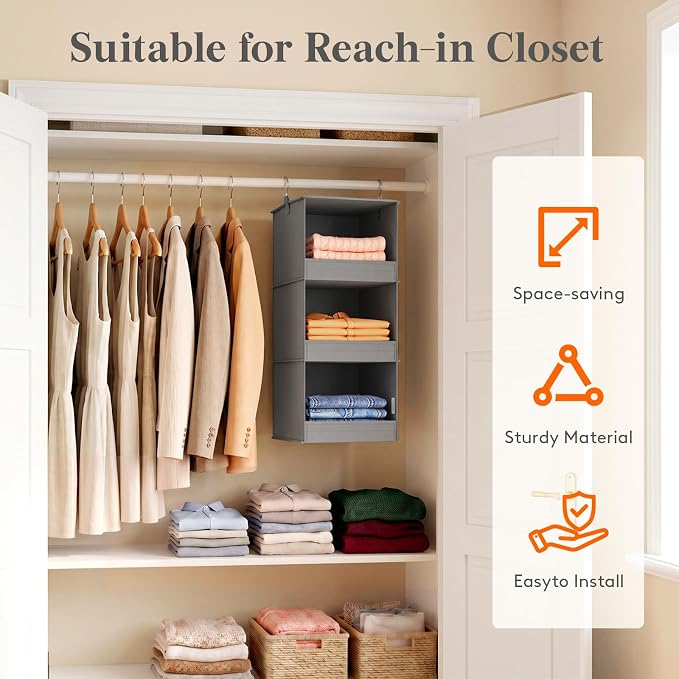 Lifewit 3 Tier Hanging Clothes Storage Organizer for RV, 1 Pack, Gray | Front Anti-Slip Closet Storage Hanger with 2 Sturdy Hooks, Vertical Foldable Sweater Organization for Shelf, Wardrobe, Dorm