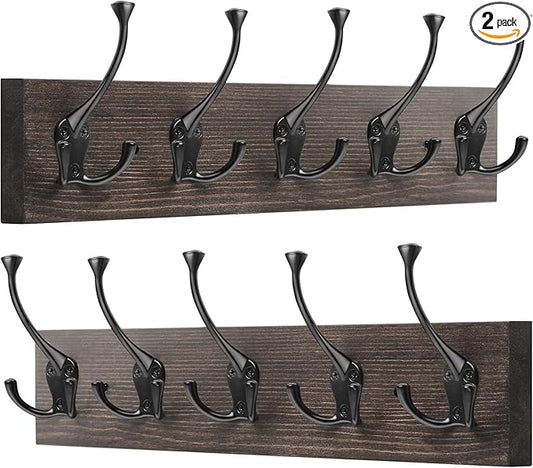 IBosins 2 Pack Vintage Coat Rack Wall Mount, 17" Long with 5 Tri-Hooks | Wall-Mounted Rustic Wood & Metal Coat Hook Rail for Entryway, Living Room, Coat, Jacket, Scarf, Bag, Towel, Hat