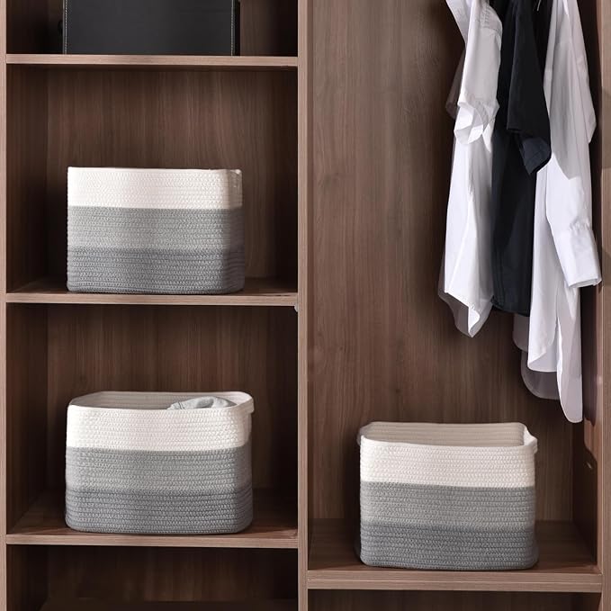 ICERZCZ Storage Baskets for Organizing Shelves, Woven Cotton Rope Baskets for Storage Books Towels Toys, Organizing Baskets, Toy Basket for Nursery Bathroom, 15"x11"x9.5", 3 Packs, Gradient Grey