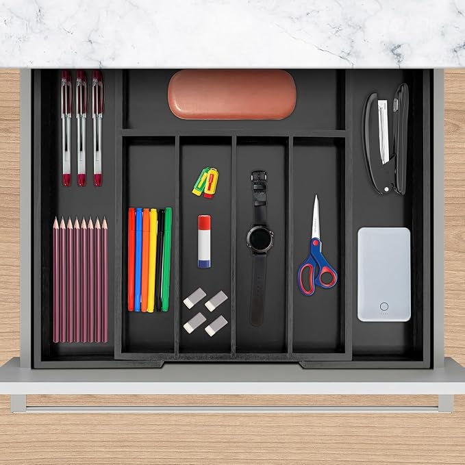 VaeFae Bamboo Drawer Organizer, Medium, Black | Wooden Utensil Holder for Forks Knives, 38 cm D x 29.2-45.7 cm W, 5-7 Slots, Black