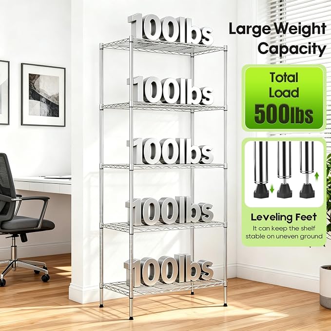 BestOffice | 5-Tier Wire Storage Shelves | 14 x 24 x 60 | Chrome | with Adjustable Racks | Metal Shelf, Holds Upto 500 lbs | No-Tool Assembly | Ideal for Home & Garage Shelving