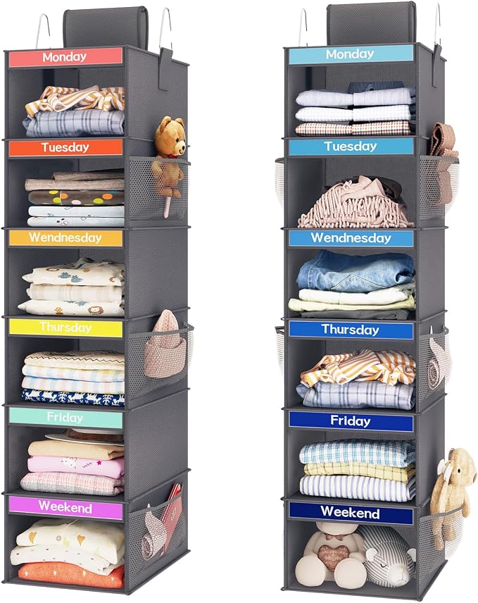 Fixwal Weekly Kids Clothes Organizer 2 Pack 6-Shelf Hanging Storage | Nonwoven Fabric, 6 Daily Shelves, 6 Mesh Side Pockets, 2 Metal Hooks, Foldable Design, for Kids Outfits and Accessories