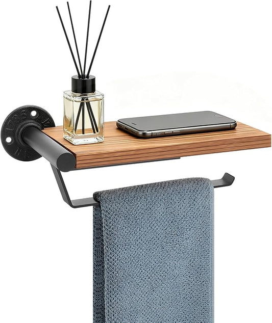 Hand Towel Holder/Towel Ring with Wooden Shelf, Hand Towel Rack, Hand Towel Hanger for Bathroom, Bath Accessories Wall Mounted, (Matte Black, 9.1"-Industrial Squ Shaped)