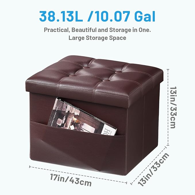 Bsketa Storage Ottoman Bench,17 Inch Folding Leather Foot Rest Stool, Brown | Small Ottoman with Side Pockets, Thicker Foam Padded Seat, Livingroom, Dorm, Bedroom, Easy to install, 43L,17x13x13in
