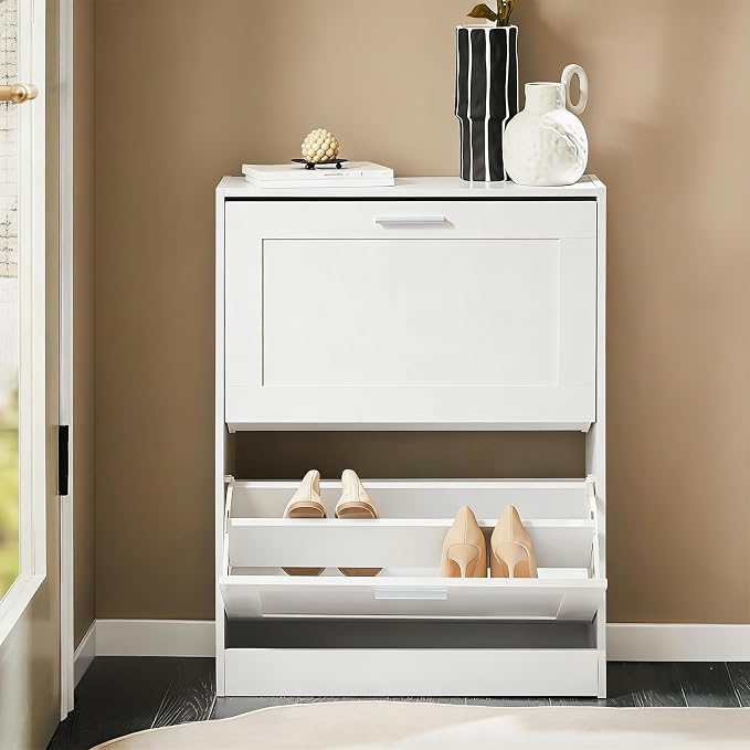 Haotian Shoe Cabinet Storage for Entryway | Narrow Shoe Cabinet with Two Flip Drawers to Save Space, Shoe Rack Cabinet for Front Door Entrance Hallway (White)