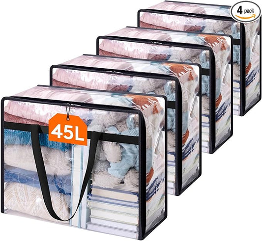 Lifewit 4 Pack Clear Clothes Storage Bags, 45L Plastic Blanket Storage Bag, Vinyl Foldable Moving Bags with Zipper, Closet Organizers and Storage Containers for Bedding, Duvet, Comforter