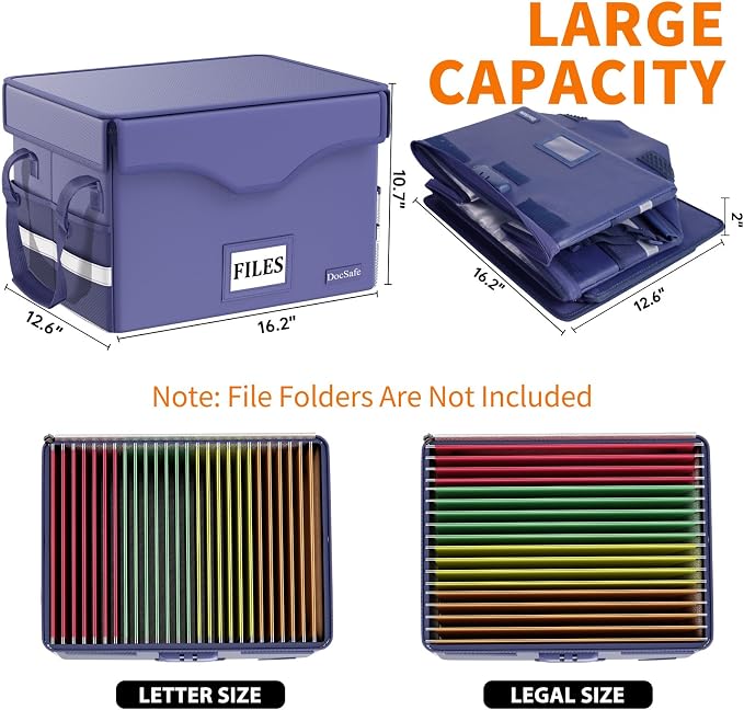 DocSafe 5200°F Fireproof Document Box with Lock,Heat Insulated File Organizer Storage with Pockets,Collapsible Portable Home Office File Safe Box with Handle for Hanging Letter/Legal Folders, Blue