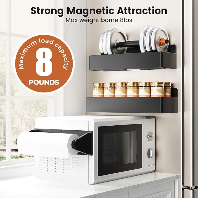Magnetic Spice Rack for Refrigerator,6 Pack Magnetic Shelf,Fridge Magnet Organizer with Paper Towel Holder,Utensils Racks,Hook Rack,Deepened Basket,Fridge Organizers and Storage Black(6 Pack)