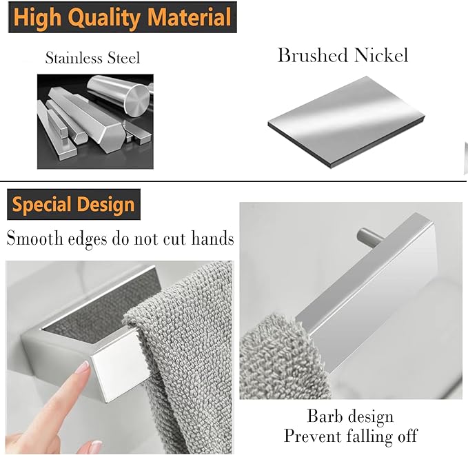 JOPOFI 2-Piece Hand Towel Holder, Towel Ring - Brushed Nickel | Stainless Steel Towel Holder for Bathroom wall, 8" Rectangular Modern Design Hand Towel Bar, Contemporary Hand Towel Rack