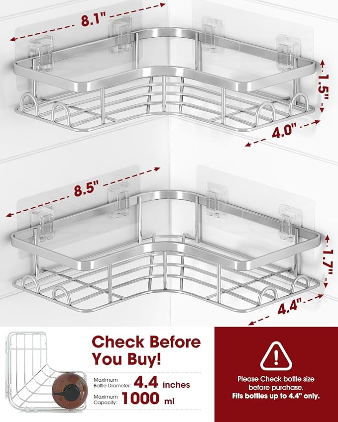 Sakugi Corner Shower Caddy - 2 Pack, Adhesive Shower Organizers, Rustproof Stainless Steel Shower Shelves with 8 Hooks, No Drilling Bathroom Organizers and Storage Racks, Space-Saving, Silver, Medium