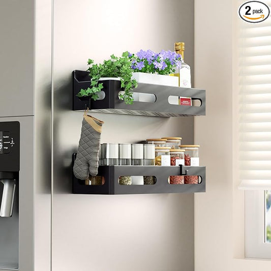 Sevenblue 2-Pack Magnetic Spice Rack for Refrigerator with Hooks, Black | Strong multipurpose magnetic shelf for kitchen & bathroom organization. Includes 4 removable hooks for hanging items.