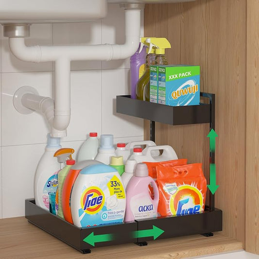 Under Sink Organizer, L-Shaped Pull Out Cabinet Rack for Kitchen | Expandable Width, 6-Level Height, Quiet Sliding Rails, Heavy-Duty Alloy Steel Frame, Pipe Clearance Design for Tight Cabinets