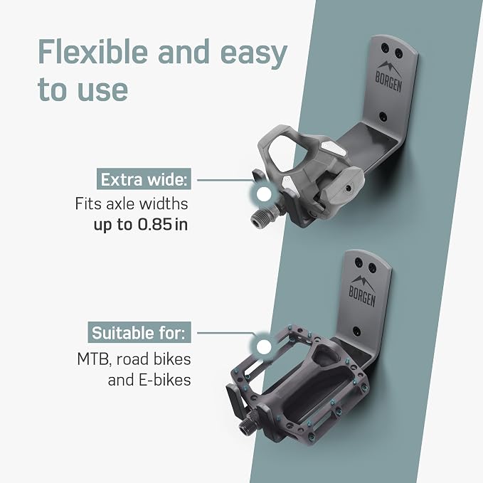 Borgen Bike Wall Mount Pedal Hook for E-Bikes, MTB & Road - Bicycle Wall Mount with Support Brackets and Wall Protection Pads, Suitable as Bike Rack Garage Bike Storage Shed and Bicycle Storage Indoor