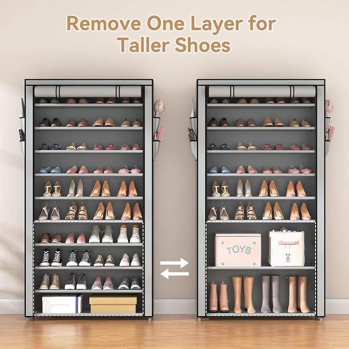 ROJASOP Shoe Rack with Covers, Stackable 10 Tier Tall Shoe Shelf Storage 50-55 Pairs Shoes and Boots Large Capacity Vertical Shoe Rack Organizer for Closet Entryway Garage Bedroom, Grey
