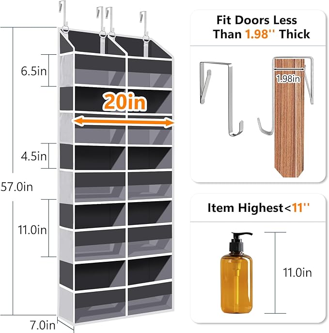 UVIAHOMI Heavy Duty Over The Door Organizer 5 Tiers, Extra Large Behind Door Storage of 10 Front & 10 Mesh Pockets, 80lb Weight Capacity, Hanging Doors Storage for Closet Bedroom Nursery, Dark Gray