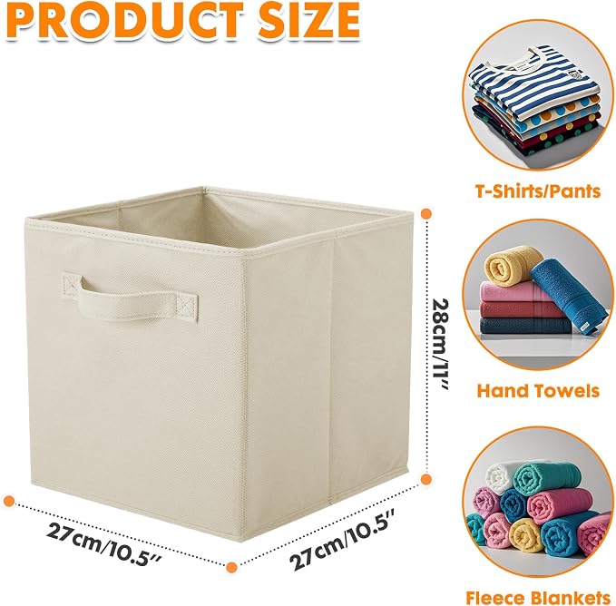 PowerKing Collapsible Storage Cubes, Farbic Storage Bins, Cream, 6 Pack | Sturdy, Lightweight, Easy Pull Handle, Closet & Shelf Organizer, Clothes and Toys Storage, 10.5'' x 11'' x 10.5''