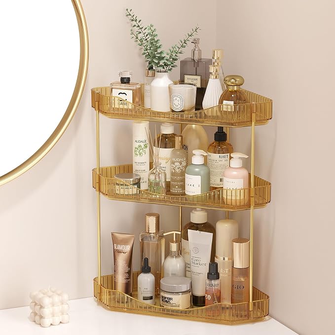 Lifewit 3 Tier Corner Bathroom Counter Organizers and Storage, Golden | Plastic Makeup Skincare Organizers Countertop, Large Sink Cosmetic Perfume Shelf for Bedroom, Dresser, Kitchen, Vanity