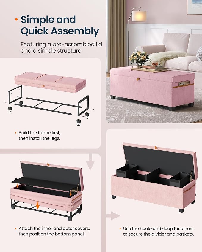 SONGMICS Home Storage Ottoman, 27 Gallons End of Bed Bench, 15.9 x 43.5 x 15.9 Inches, for Bedroom, Entryway, Living Room, Pink