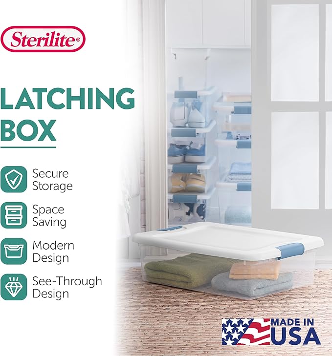 Sterilite Latching Box with Lids for Home and Office, 32 Quart, 24-Pack | Heavy-Duty and Stackable Plastic Containers with Latches for Closet, Cabinet, Bedroom, Bathroom and Dorm Room Organization