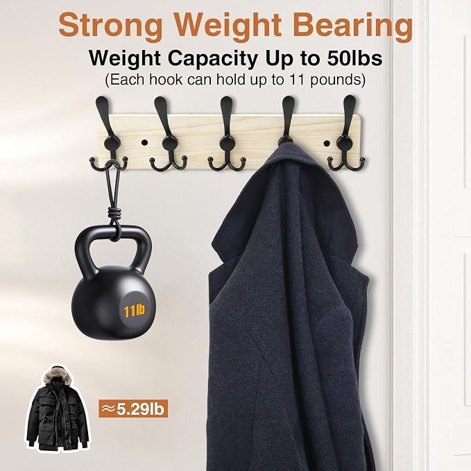 Wooden Coat Rack Wall Mount Heavy Duty, 2 Pack Coat Hanger Wall Mount with 5 Triple Hooks for Clothes, Jacket, Hat, Keys, Space Saving Entryway Organizer for Mudroom (Natural Plate & Black Hooks)