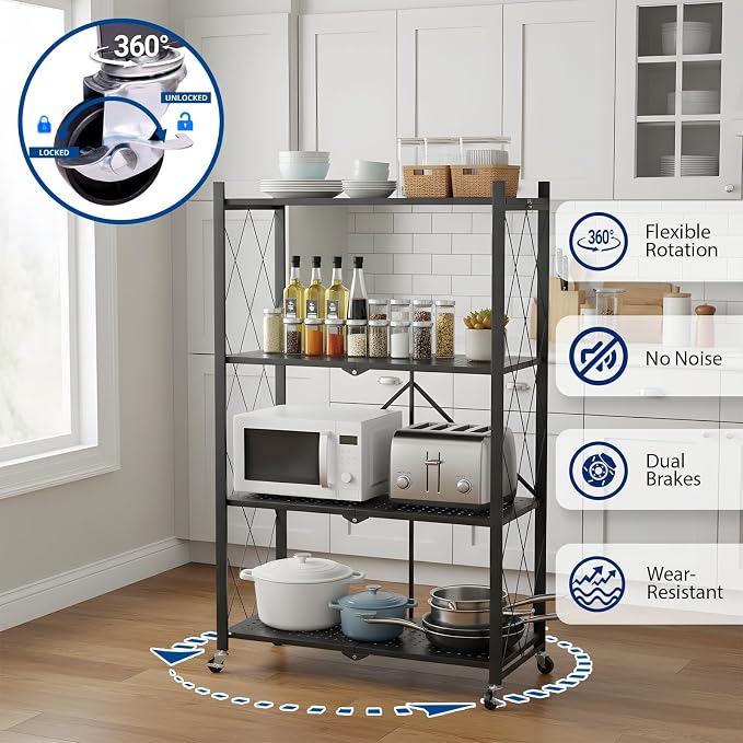 4 Tier Foldable Storage Shelf with Wheels, Collapsible Metal Rack Shelving Unit, No Assembly Required, Rolling Cart Shelf Rack Organizer for Books, Garage, Kitchen, Closet, Pantry, Exhibition, Black