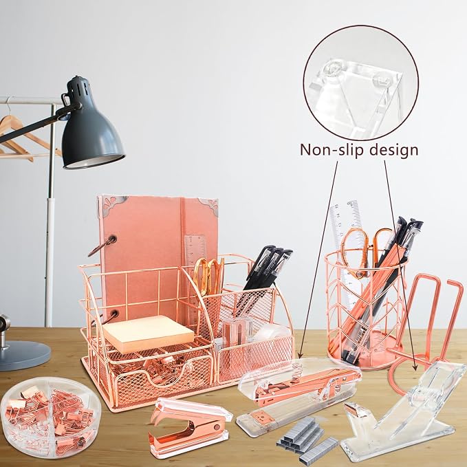 Rose Gold Desk Organizers and Accessories,Office Supplies Set,13PS Set with Acrylic Stapler,Tape Dispenser,Staple Remover,Pen Holder,Clips,Scissor, Phone Holder,Pen
