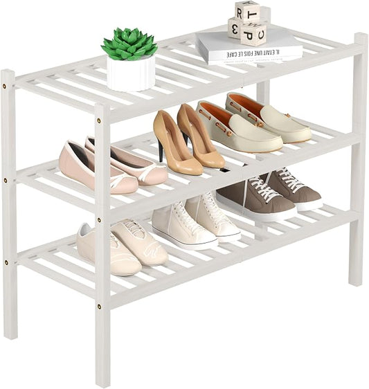 ROMGUAR CRAFT 3 Tier Bamboo Shoe Rack for Closet Free Standing Wood Shoe Shelf Storage Organizer for Entryway Small Space Stackable 27"x11"x20" (White)