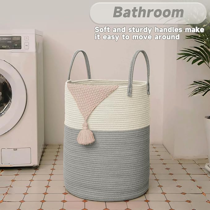 JMvicyroam 80L Cotton Rope Laundry Basket Hamper, White and Grey | Collapsible laundry basket, reinforced handles, freestanding, machine washable, holds 3-5 thick blankets, clothes or toys