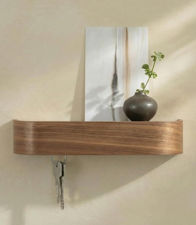 Kazai. Key Holder 'Toke' | Minimalist Key Hook Design from Berlin | Modern Key Holder Wall Mount with Wooden Shelf | Key Rack for Wall as Entryway Organizer | Walnut