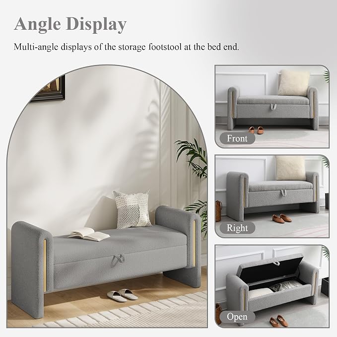 Storage Ottoman Bench, End of Bed Bench with Pull-Ring | 52" Teddy Upholstered, Window Bench with Armrest, Generous Storage, Safety Hinge, Holds 300 LBS, for Bedroom, Grey