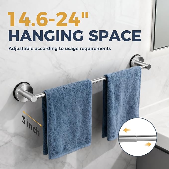 14.6inch~24inch Towel Racks for Bathroom,Adjustable Suction Cup Towel Bar for Bathroom Wall,Stainless Steel Bath Towel Holder for Shower(Brushed Silver)