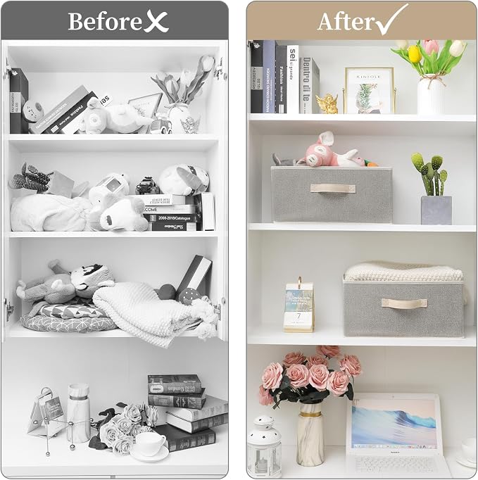 Storage Baskets, 15.7 Inch Woven Fabric Bins, Storage Cubes with Reinforced Handles, Organizer Bins for Closet Shelves, Foldable, Clothes. (2PCS/Beige-15.7*11*7.8inch)