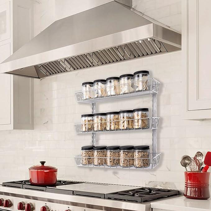 SWOMMOLY Wall Mount Spice Rack Organizer, 3-Tier Adjustable Dual-Use Shelf | Hanging Spice Rack Organizer, Kitchen Pantry Cabinet Storage Holder for Spices, Mason Jars, Bottles & Cans, Silver
