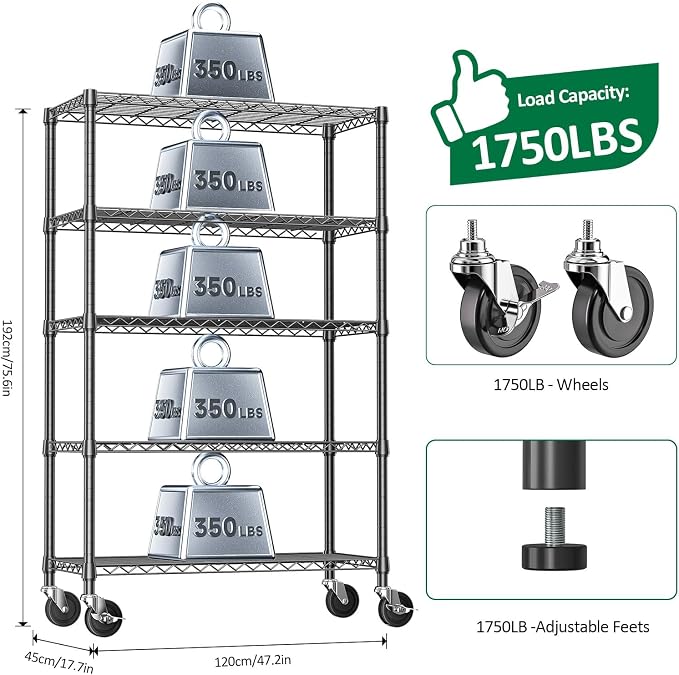 IZEUK 5-Tier Heavy Duty Metal Shelving Unit, Adjustable Steel Wire Storage Rack for Garage, Kitchen, Basement, Laundry Room & Office, Black, 17.7" D x 47.2" W x 72.3" H, 1750 lbs Capacity