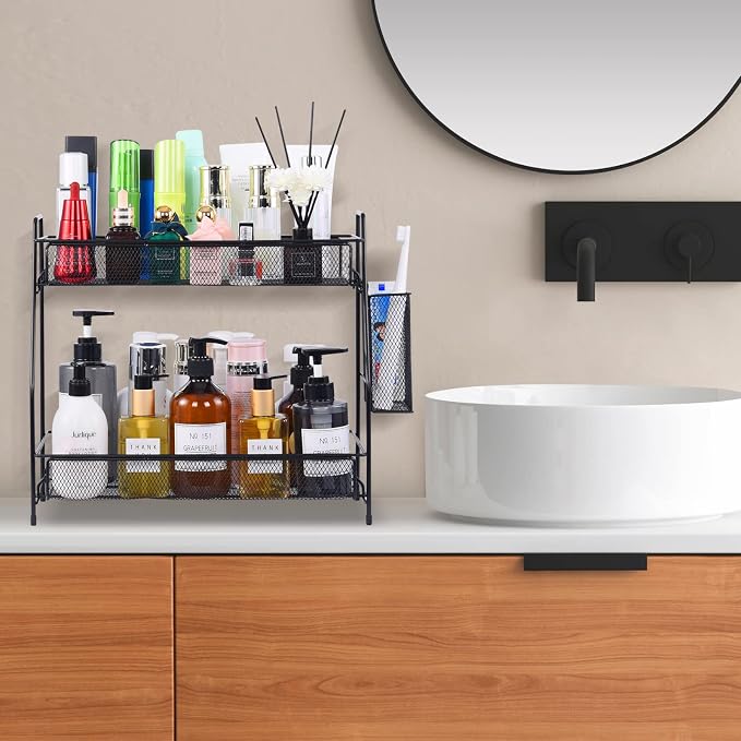 Large Countertop Organizer for Bathroom Counter, Bathroom Organizers and Storage, Under Sink Organizer Spice Rack Organizer for Kitchen with Basket(Black)