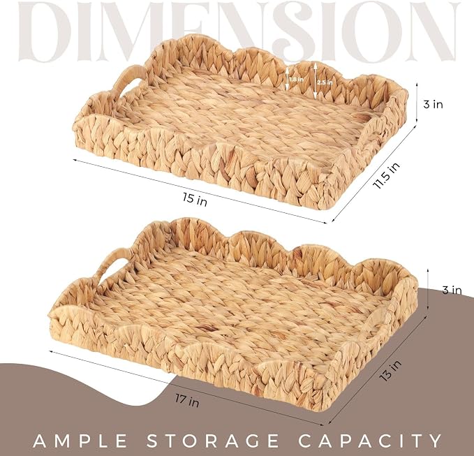 Scalloped Water Hyacinth Tray, Hand-Woven Wicker Storage Baskets with Scalloped Edge and Handles (17x13x3 inch) Rectangular Handwoven Trays, Water Hyacinth Basket, 2 Pack