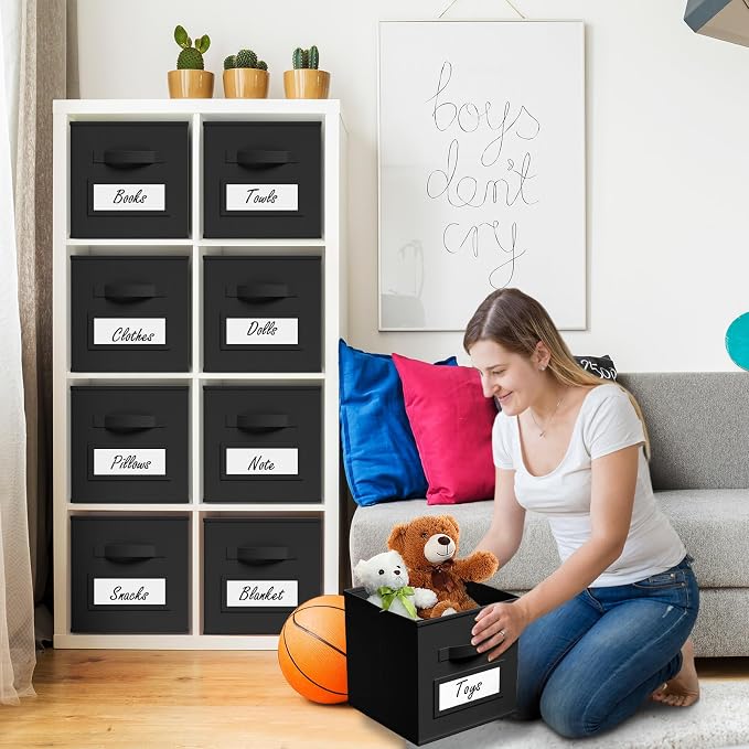 Teenyyou 10 Pack Fabric Storage Cubes 13 Inch Collapsible Cube Bins with Label Window & Handle Foldable Organizers Baskets for Shelf Closet Nursery Kids Room Clothes Book Toy(Black)
