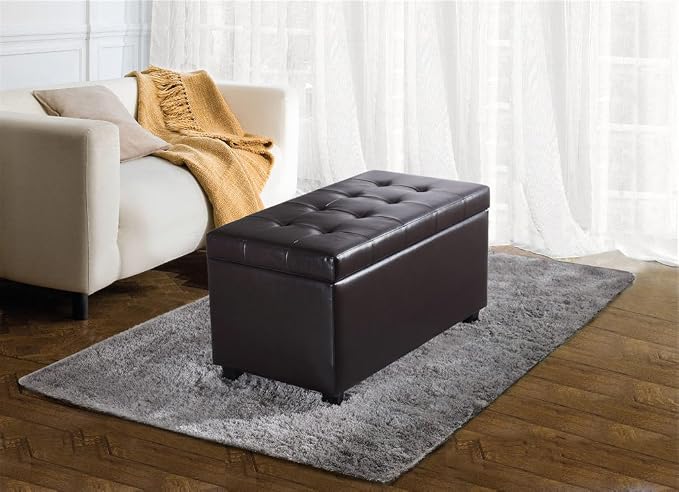 SIMPLIHOME Dover 36" Wide Vegan Leather Storage Ottoman in Distressed Black | Tanners brown, transitional storage ottoman with tufting and lift-up lid; rectangle storage bench for living room.