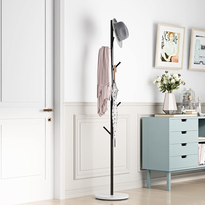 DOORXIFO Black Metal Coat Rack, Freestanding with Hooks, Entryway Coat Rack Stand, Coat Racks with Marble Base, Coat Tree for Hanging Clothes, Hats, Bags | Modern Hat Rack, Easy to Assemble, Heavy Stable Marble Base