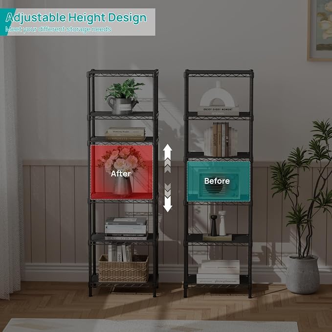SINGAYE Metal Shelves Wire Shelving Storage Standing Adjustable Shelf Unit | 6 Tier Mesh Units Shelf for Kitchen Laundry Bathroom Closet Organizers Pantry Narrow Home Rack 10" D x 16" W x 63" H Black